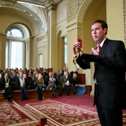 Image similar to Alastair Crowley giving a lecture in front of the United States senate, photojournalism, news, CNN, intricate detail, award winning photography,