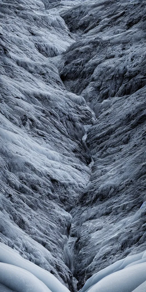 Image similar to dream looking through a hyper realistic photograph of a ice covered canyon, minimal structure, futureistm landscape, misty, icelandic valley, small stream over black rock, timed exposure, in the style of reuben wu, roger deakins