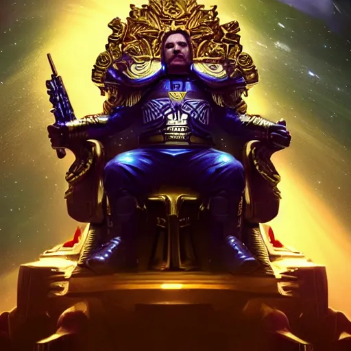 Prompt: God Emperor of the Galaxy sits upon his resplendent throne, highly detailed, sharp focus, artstation, volumetric lighting, cinematic, award winning