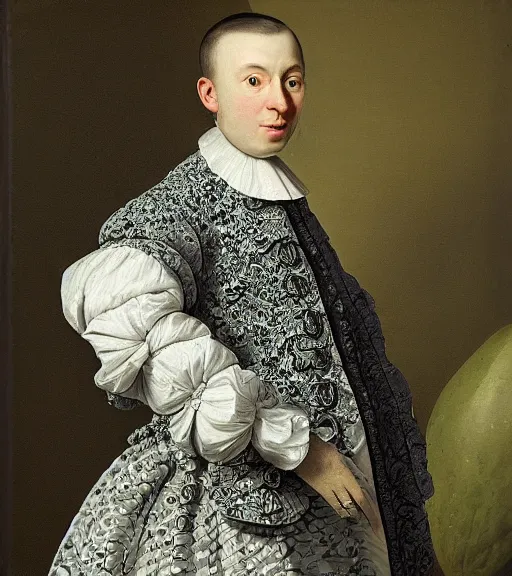 Image similar to Portrait of an elegant man dressed as an avocado, intricate fabric patterns, artwork by Pieter Claesz