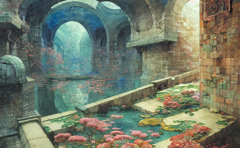 Image similar to tiled room squared waterway, aqueducts, fantasy. intricate, amazing composition, colorful watercolor, by ruan jia, by maxfield parrish, by marc simonetti, by hikari shimoda, by robert hubert, by zhang kechun, illustration, gloomy