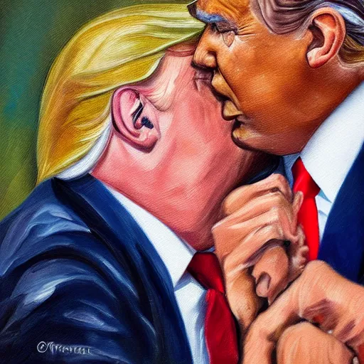 Prompt: oil painting of trump kissing obama, detailed, close up