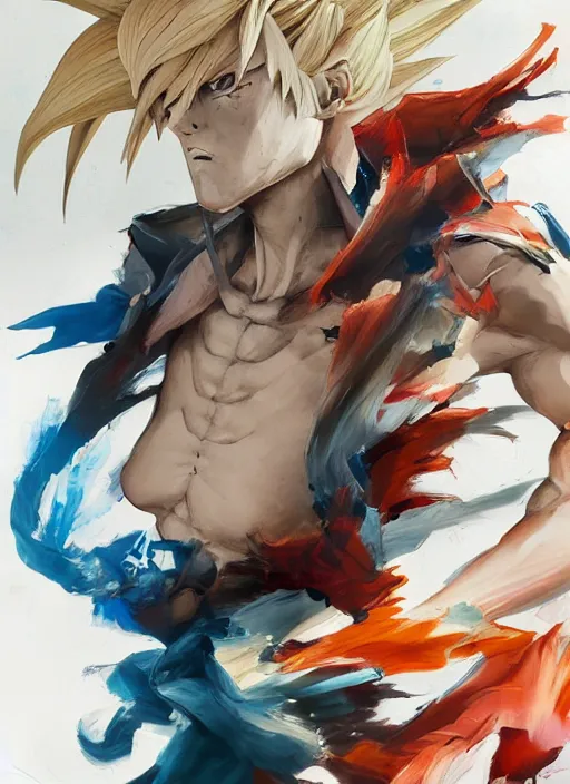 Image similar to surreal gouache gesture painting, by yoshitaka amano, by ruan jia, by Conrad roset, by good smile company, detailed anime 3d render of a gesture draw pose for blond Goku transforming in a Super Sayian 3, portrait, cgsociety, artstation, rococo mechanical, Digital reality, sf5 ink style, dieselpunk atmosphere, gesture drawn
