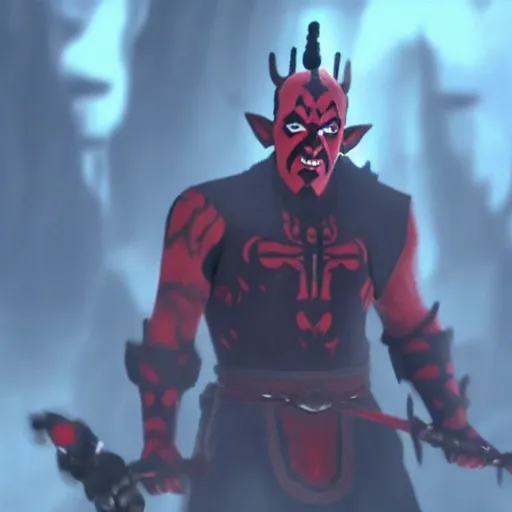 Prompt: Film still of Darth Maul, from The Legend of Zelda: Breath of the Wild (2017 video game)