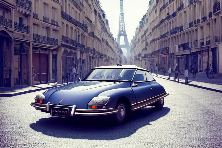 Image similar to a wholesome beautiful animation key shot of!! one!! focused!! 1 9 7 4 citroen ds!! in a paris street, medium wide shot, sharp, very detailed, high resolution, rendered in unreal engine 5, anime key art by greg rutkowski, bloom, dramatic lighting