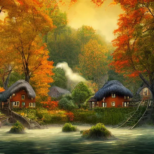 Prompt: a village full of tree houses nestled in a forest, chimneys with puffs of smoke, tall trees, thatched roofs, fresh streams running through, golden hour, autumn leaves, realistic high quality art digital art