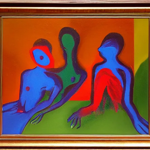 Prompt: an abstract, surrealist painting of three figures in a house doing different poses, visible brush strokes, vibrant colours, rule of thrids, depth of field