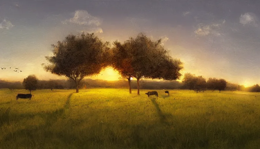 Image similar to cow pasture with fruit trees in sunset, back light, highly detailed, cinematic lighting, volumetric, photorealistic, digital art painting