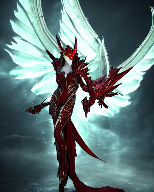 Prompt: flaming red dragon wearing white dove wings, warframe armor, regal, attractive, ornate, sultry, sexy, beautiful, elize theron, pretty face, green eyes, scifi platform, 4 k, ultra realistic, epic lighting, illuminated, cinematic, black gold, art by akihito tsukushi, voidstar