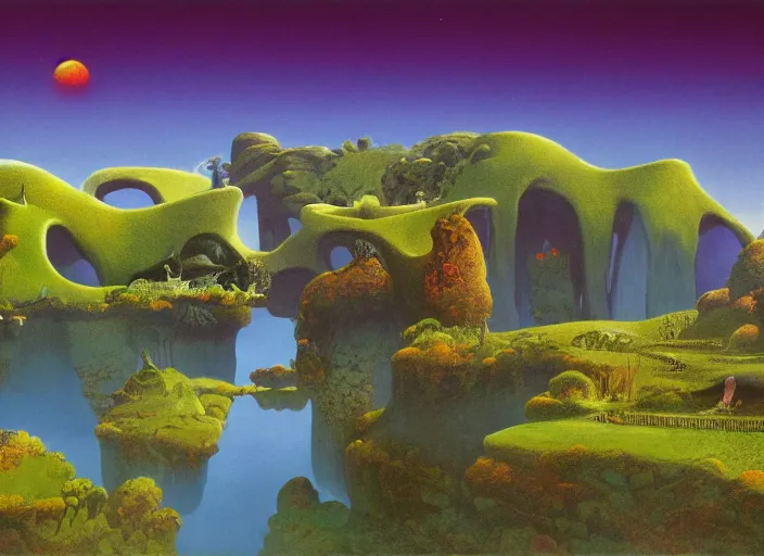 Prompt: A dreamy spiritual land by Roger Dean, 8K concept art, detailed