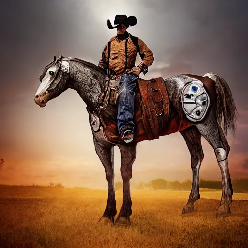 Prompt: cyborg horse with cowboy hat, post-apocalyptic background, portrait