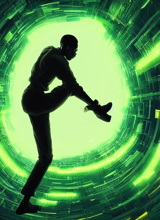 Prompt: detailed digital painting of young black man surrounded by floating green text and complex algorithms, cinematic dramatic pose by artstation, fanart behance hd by jesper ejsing, by rhads, makoto shinkai and lois van baarle, ilya kuvshinov, rossdraws, enter the matrix, global illumination, radiant light, detailed and intricate environment
