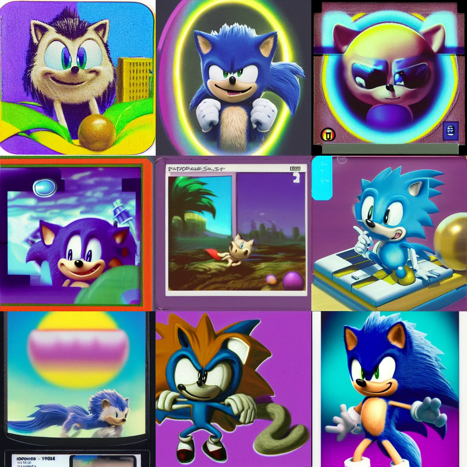 Prompt: polaroid instax portrait of sonic hedgehog and a matte painting landscape of a surreal, sharp, detailed professional, soft pastels, high quality airbrush art album cover of a liquid dissolving airbrush art lsd dmt sonic the hedgehog swimming through cyberspace, purple checkerboard background, 1 9 9 0 s 1 9 9 2 sega genesis rareware video game album cover