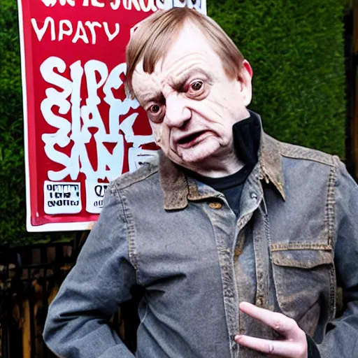 Prompt: mark e smith uncomfortably crouched in a small cage with a sign that says for sale