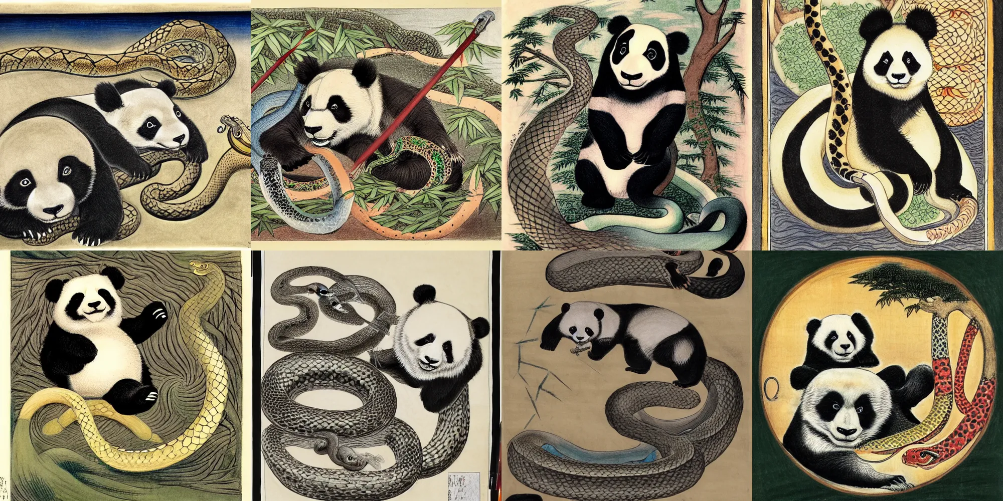 Prompt: drawing of a panda with snake, by william blake, by hokusai, by todd schorr, by mark ryden, by john tenniel