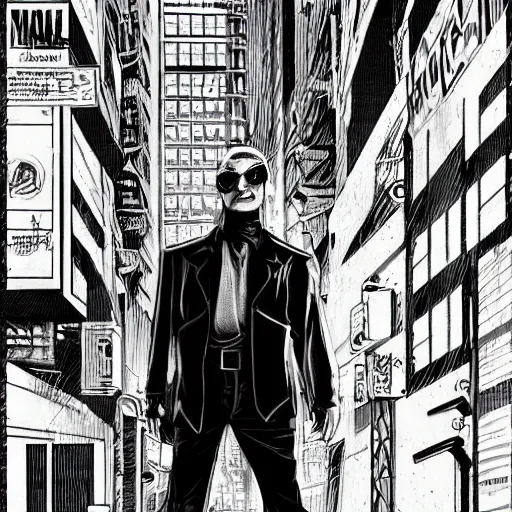 Image similar to a cyberpunk mafia boss with slicked back hair, in a cyberpunk city alleyway, extremely detailed comic book art, cyberpunk, art by stan lee, pen drawing, colorful, bright high tech lights, epic, moody, dramatic, deep shadows, marvel comics, dc comics, trending on artstation