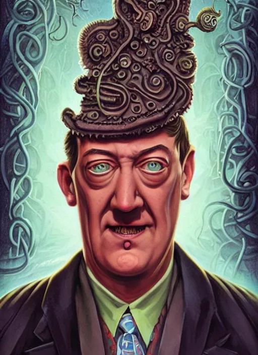 Prompt: lovecraft lovecraftian portrait of grumpy stephen fry, pixar style, by tristan eaton stanley artgerm and tom bagshaw