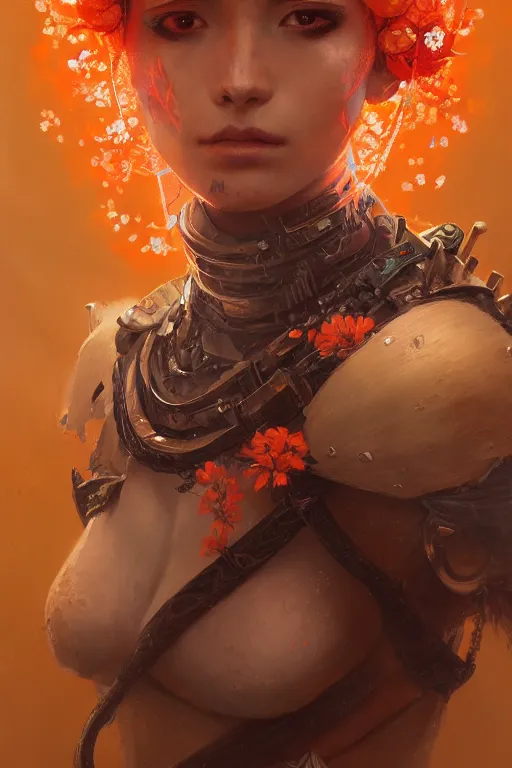 Image similar to portrait of beautiful young mainem, warhammer, japaneese style, cyberpunk armor, a lot of more scars, more and more flowers, orange head, the middle ages, highly detailed, artstation, illustration, art by greg rutkowski, 8 k quality