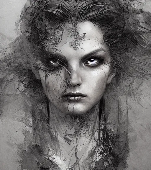 Image similar to dramatic portrait of a beautiful witch, pen and ink, intricate line drawings, by craig mullins, ruan jia, kentaro miura, greg rutkowski, loundraw