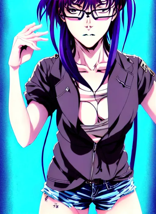 Prompt: style of madhouse studio anime, rei hiroe black lagoon manga, loish, artgerm, joshua middleton comic art, portrait of revy from black lagoon, purple hair, chinese, symmetrical eyes and symmetrical face, jean shorts, white tank top, waist up, sarcastic evil smirk on face, natural lighting, sky and ocean background