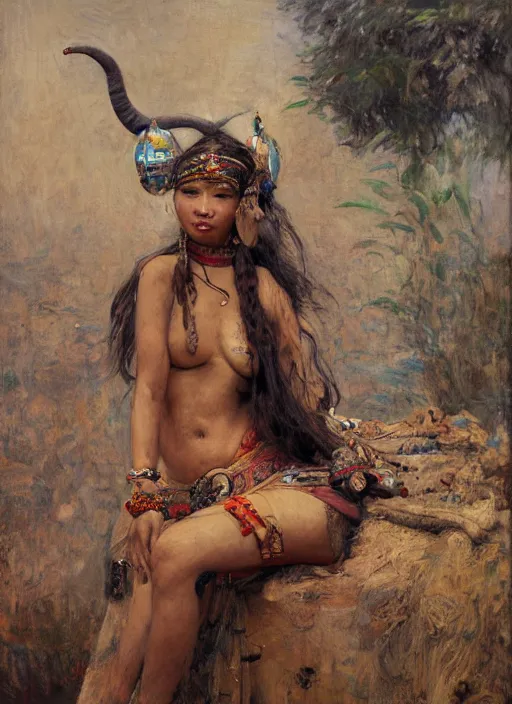 Image similar to portrait of the tribal ethnic asian female, sitting on top of a war elephante poses by gaston bussiere, anna nikonova aka newmilky, greg rutkowski, yoji shinkawa, yoshitaka amano, tsutomu niehi, impressionism, monet,