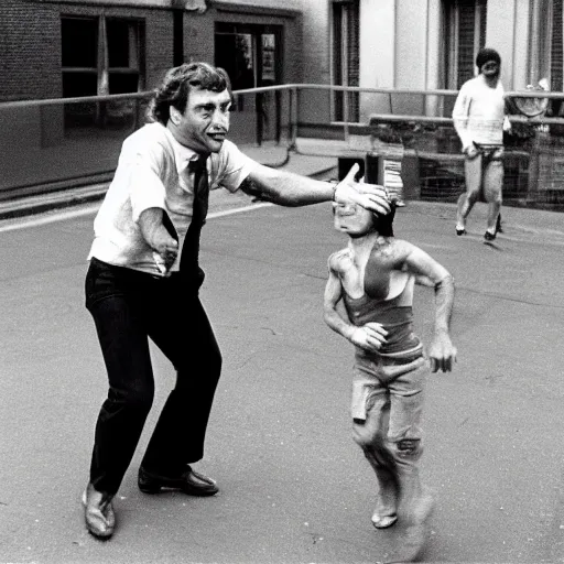 Prompt: frightened robert deniro pointing at a running goblin, photograph, 1 9 7 6