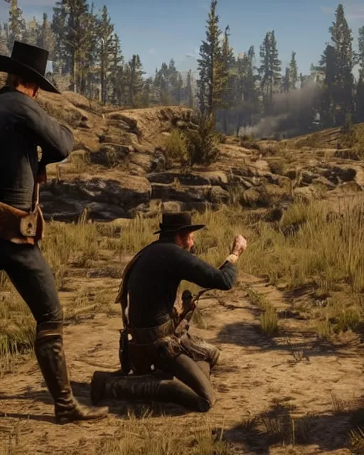 Prompt: Alex Jones is selling snake oil in RDR2, gameplay screenshot, close-shot. Realistic Graphics. Unreal Engine 5