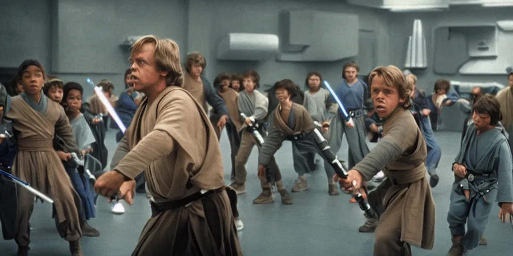 Image similar to A full color still of Mark Hamill as Jedi Master Luke Skywalker training a diverse room full of young Jedi padawans, with large windows showing a sci-fi city outside, at dusk at golden hour, from Star Wars, directed by Steven Spielberg, 1994