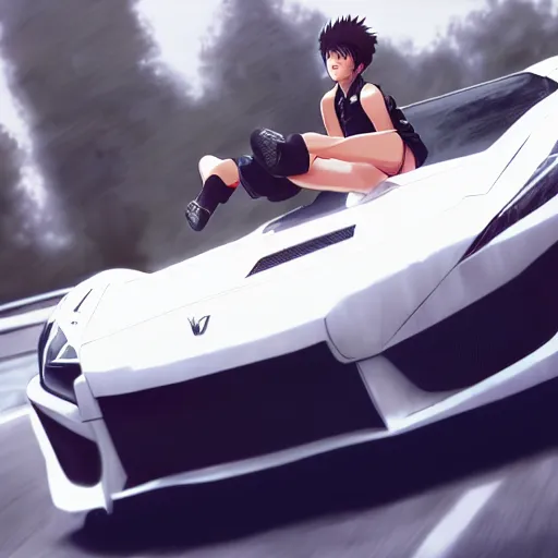 Image similar to a young anime man driving a sports car, style game square enix life, trending on artstation, painted by greg rutkowski, render naughty dog, octane render, detailed