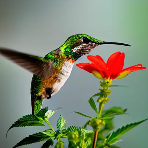 Prompt: beautiful hummingbird drinking from a marijuana plant, wildlife photography, highly detailed, high quality, 8 k, soft lighting,