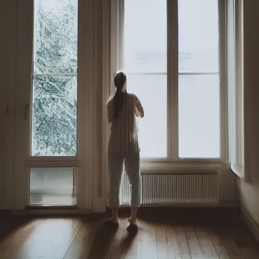 Image similar to person in pyjamas standing near window, sun rays, daylight, big french door window, big spatious room, 2 4 mm, wooden floor, modern, pastel palette, winter sun, photorealistic, high ceiling, watercolor painting