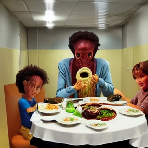 Prompt: photo, an alien and human eating dinner in the room.