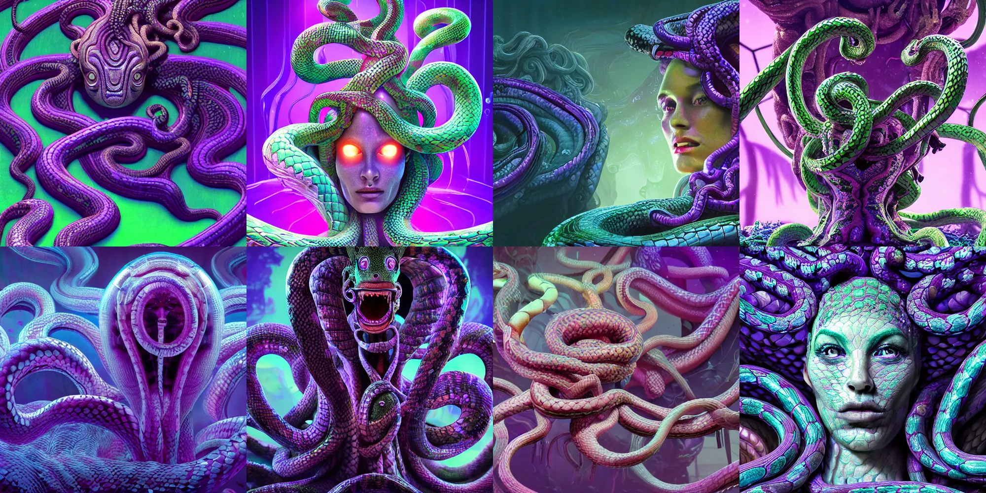 Prompt: beautiful medusa gorgon highly detailed snakes, cosmic horror, abstract, ghostly, arcade, duotone, poltergeist, epic lighting, intricate, elegant, highly detailed, smooth, sharp focus, photo real, ultra realistic, unreal engine 5, raytracing, in the style of beeple and mike winkelmann, ultraviolet colors,