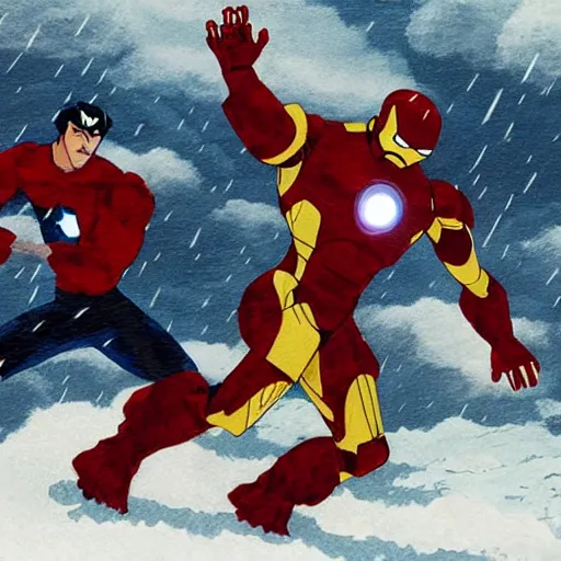 Image similar to portrait of iron man fighting captain america in a snowy tundra, stormy weather and lightning, illustration concept art of miyazaki studio ghibli