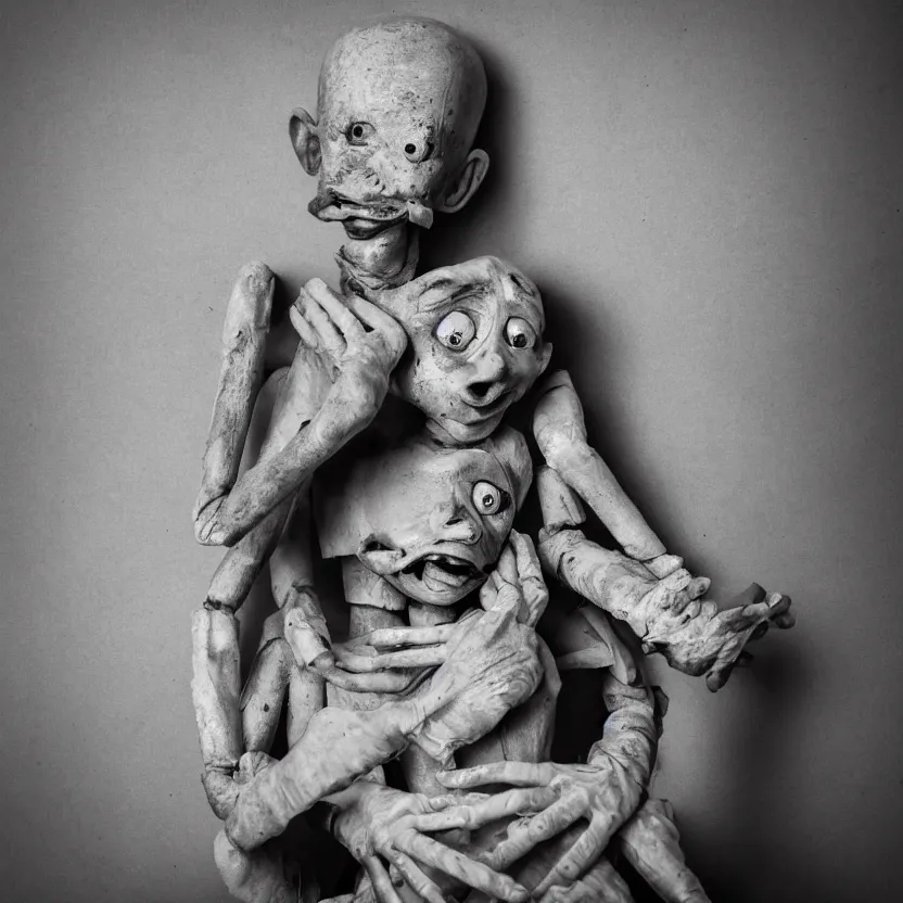 Image similar to creepy ventriloqiest dummy in the style of Roger Ballen, 4k, bw, portrait