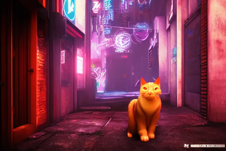 Image similar to cyberpunk ginger cat in the alley, neon lighting, rendered in unreal engine, trending on artstation