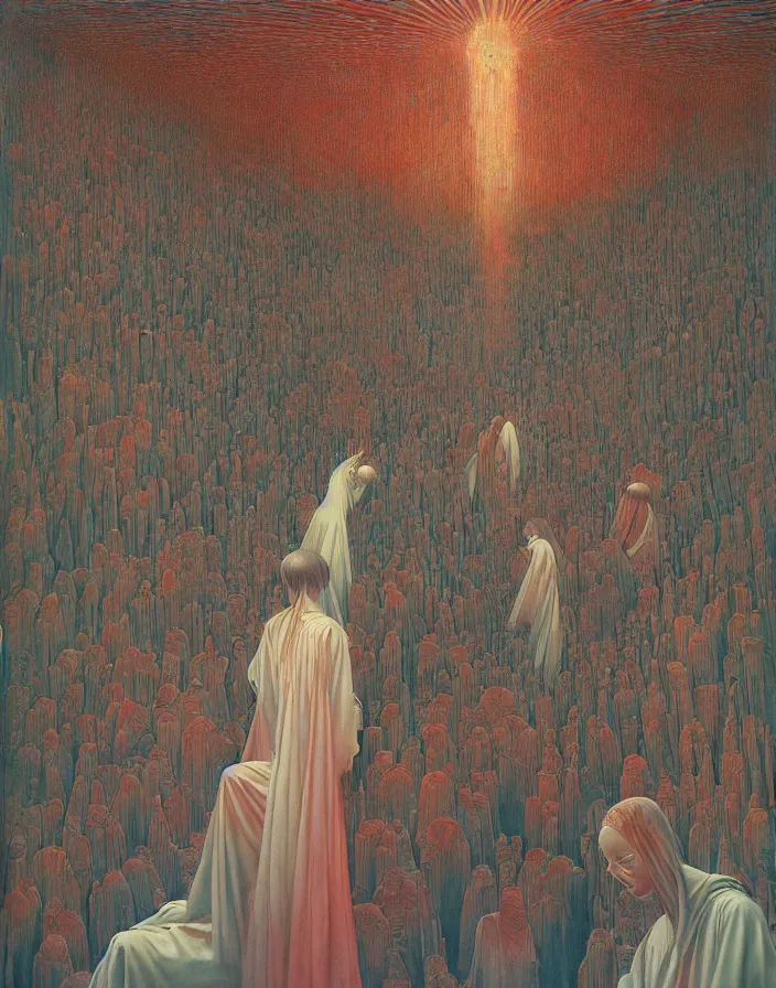 Prompt: worshippers in robes belonging to the cult of the crystal light gather inside a small room around the big glowing crystal, big glowing crystal radiating white light, small room, interior, beksinski painting, part by adrian ghenie and gerhard richter. art by takato yamamoto. masterpiece, deep colours