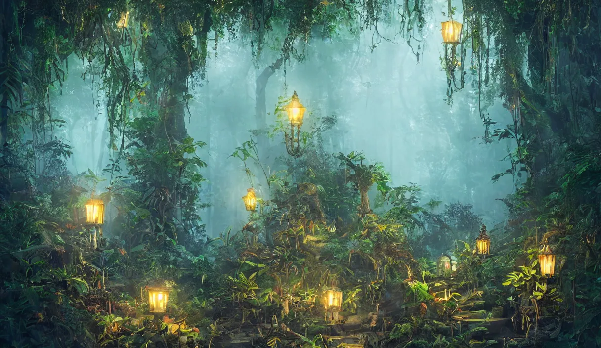 Image similar to jungle, path, lanterns, stars, torches, fireflies, bioluminescence, fire, fog, insane details, intricate, elite, ornate, elegant trend, highly detailed and intricate, sharp focus, photography, unreal engine, trending on artstation, photorealistic, octane, hyper detailed, trending on deviantart,