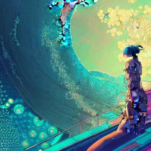 Image similar to a beautiful hyperdetailed character design 4 k wallpaper illustration of a cute dolphin and a beautiful girl, victo ngai cyberpunk style, from china, style of studio ghibli, makoto shinkai, raphael lacoste, louis comfort tiffany, artgerm, james jean, ross tran, chinese style