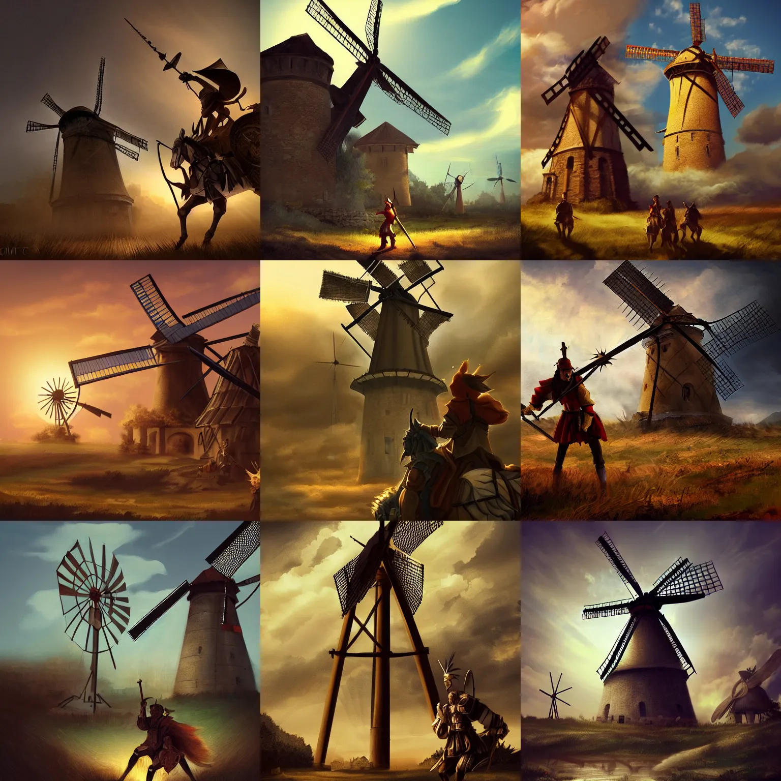 Prompt: dom quixote fighting a giant windmill, digital art, artstation, dramatic lighting