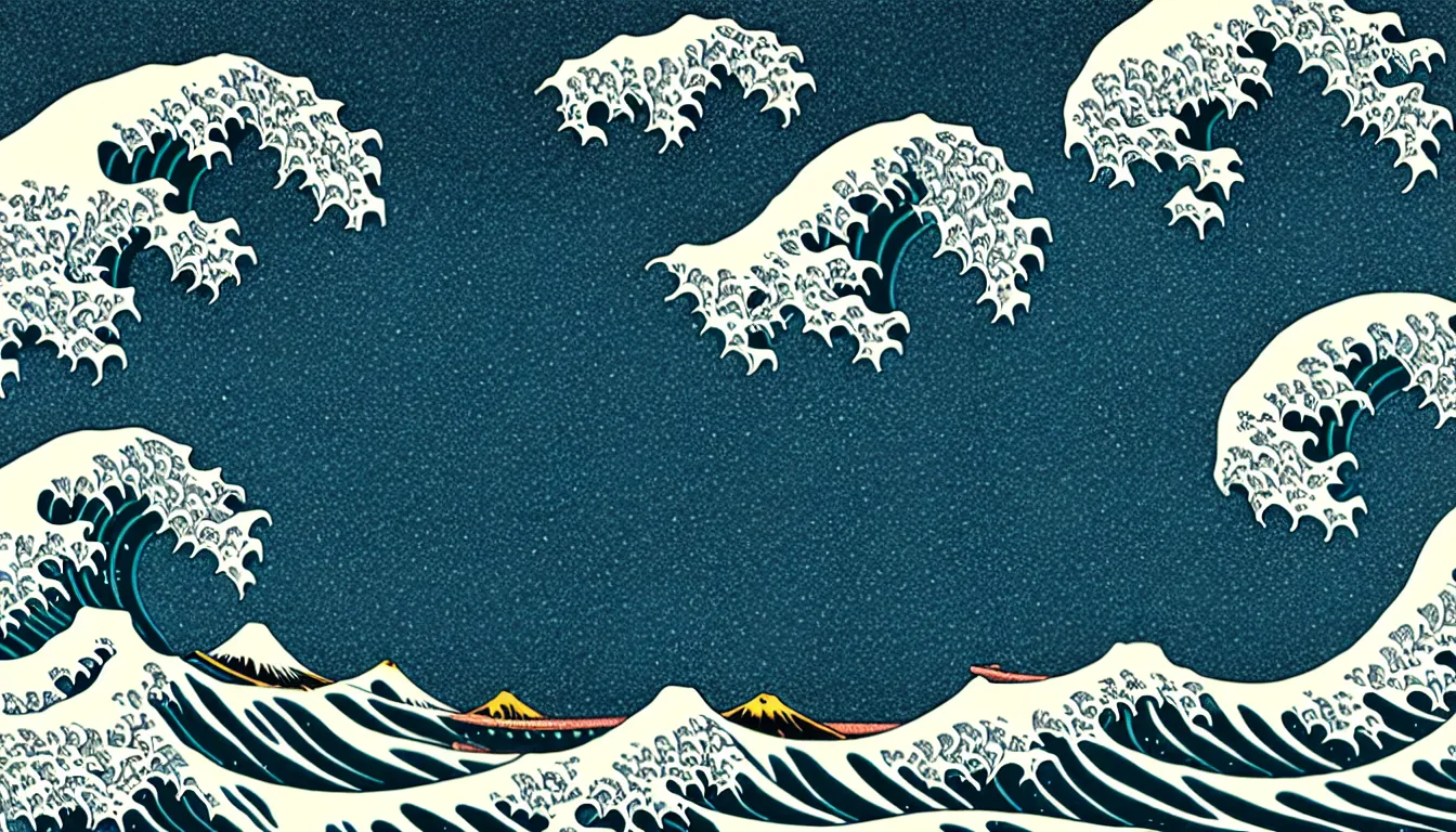 Image similar to the great wave by woodblock print, nicolas delort, moebius, victo ngai, josan gonzalez, kilian eng