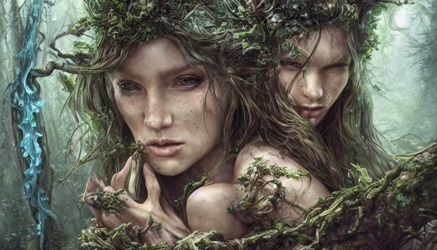 Image similar to high definition charcoal watercolor fantasy character art, hyper realistic, hyperrealism, luminous water elemental, snake skin armor forest dryad, woody foliage, 8 k dop dof hdr fantasy character art, by aleski briclot and alexander'hollllow'fedosav and laura zalenga