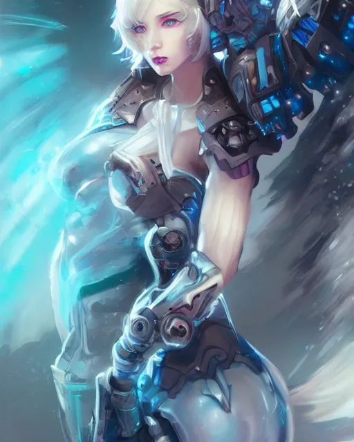 Prompt: holy cyborg necromancer girl, elegant, perfect face, scifi, futuristic, utopia, garden, illustration, atmosphere, top lighting, blue eyes, white hair, focused, artstation, highly detailed, art by yuhong ding and chengwei pan and serafleur and ina wong