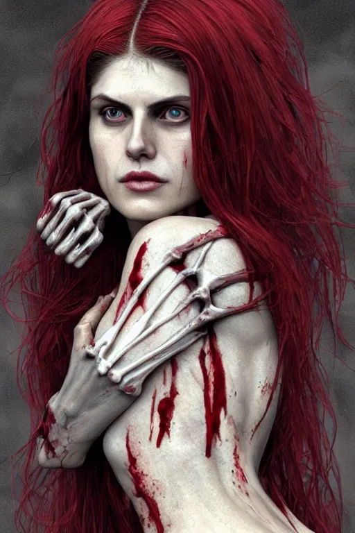 Prompt: woman skeleton body!!, black bones!!, covered with blood, alexandra daddario face!!, long red hair, ultra realistic, concept art, intricate details, highly detailed, photorealistic, octane render, 8 k, unreal engine. retro film still, heavy grain, 3 5 mm, art by artgerm and greg rutkowski and alphonse mucha