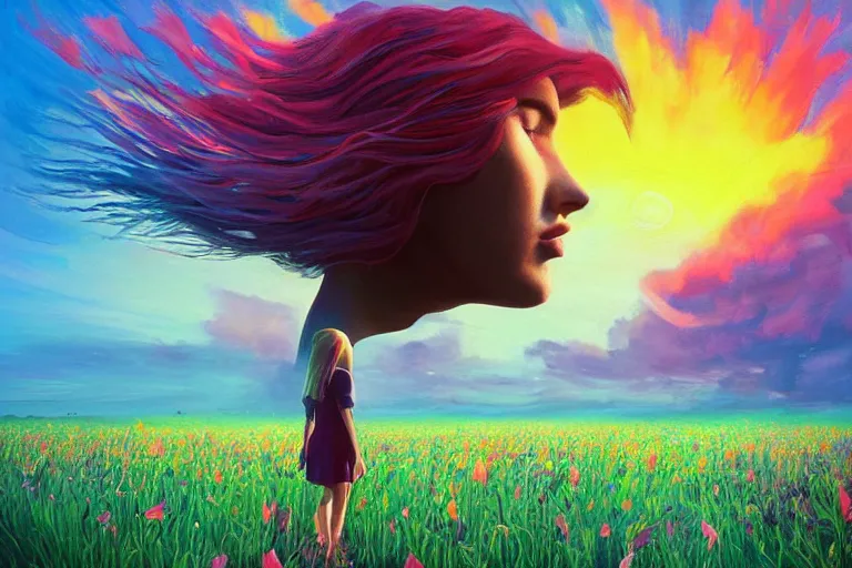 Image similar to giant gladiola head, girl walking in field of flowers, surreal photography, sunrise, blue sky, dramatic light, impressionist painting, digital painting, artstation, simon stalenhag