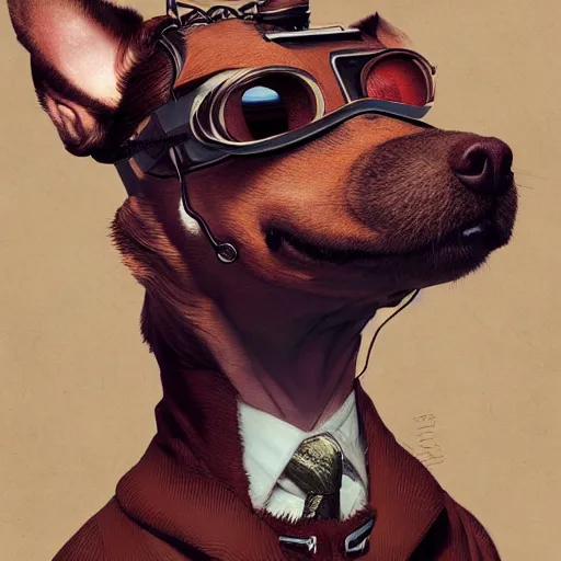 Image similar to ripped physique goggles collar leash Man Steampunk portrait Sherlock Patrick Bateman snout Detective Anthropomorphic furry fuzzy fashion vogue Chihuahua man wearing a Chihuahua costume wearing an artificer costume gerald brom bastien grivet greg rutkowski norman rockwell portrait face head snout ears eyes illustration tombow