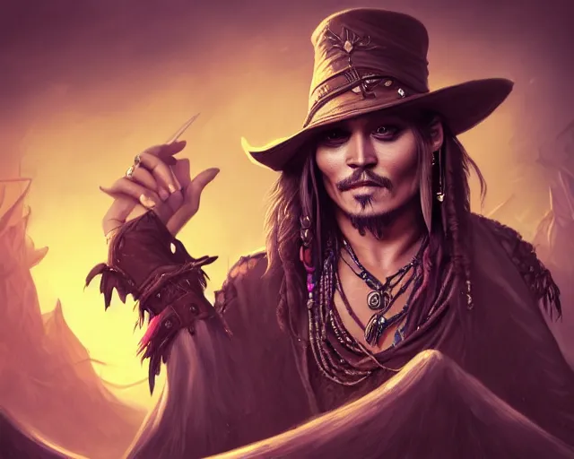 Image similar to photography of johnny depp, deep focus, d & d, fantasy, intricate, elegant, highly detailed, digital painting, artstation, concept art, matte, sharp focus, illustration, hearthstone,