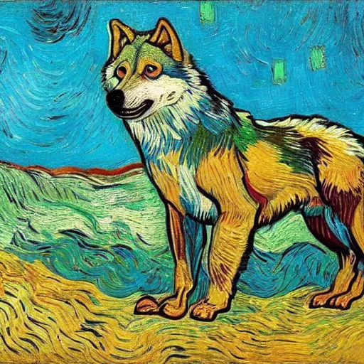 Image similar to painting of retarded wolf, vivid colors, van gogh