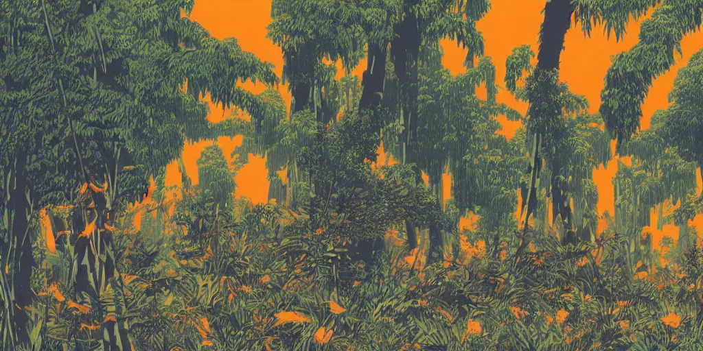 Prompt: grainy risograph matte painting of gigantic huge evangelion - like yellow mech covered with wounds, blue, exotic orange vegetation, orange trees, orange flowers, tall bamboo grass, pastel matte colors, staying in the foggy huge swamp covered with web and cotton, fireflies, by moebius, kim jung gi, hyperrealism