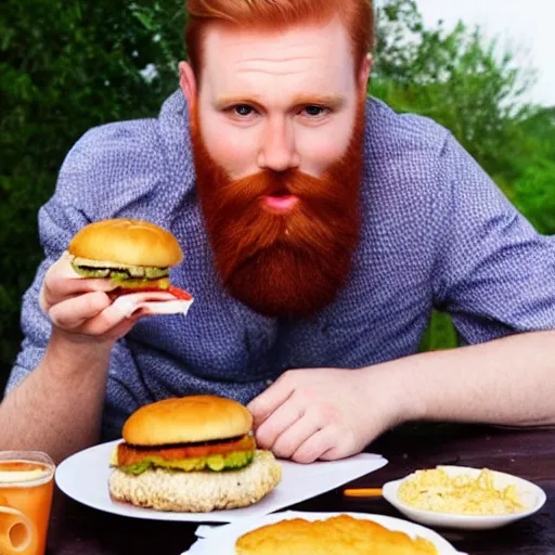 Image similar to ginger young handsome man with beard eating hamburger happily by monet